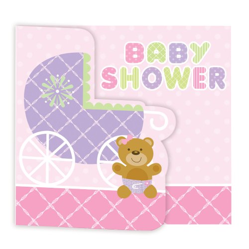 Creative Converting Baby Shower Teddy Baby Pink 25 Count Enhanced Invitations