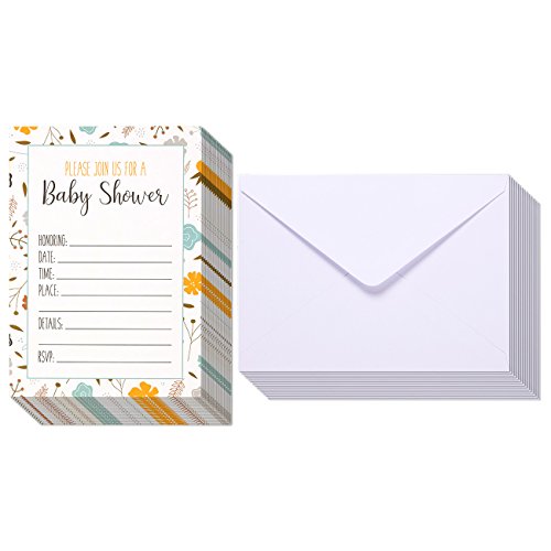 50-Pack Baby Shower Invitations – Adorable Floral Design Invite Cards for your Celebration – Includes 50 White Envelopes – 5 x 7 Inches