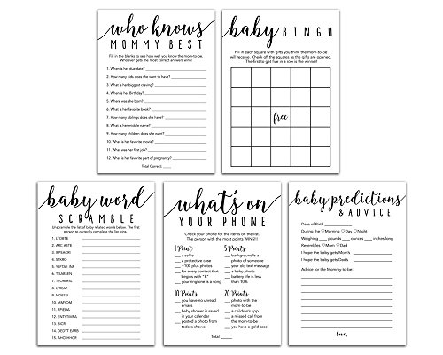 Baby Shower Games – Pack of 5 Activities (50 Count for Each) – Advice and Predictions, Bingo, Word Scramble, Whats On Your Phone, and Who Knows Mommy Best