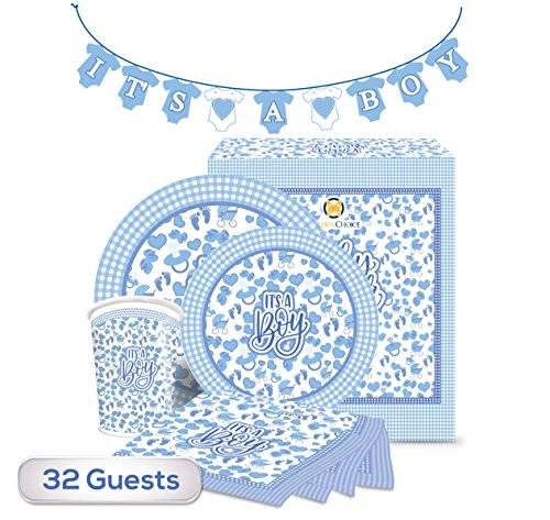 The Golden Choice – 32 Guests Baby Shower Plates Large/Small, Cups, Napkins, & Banner Party Set/Supplies Decorations or Gender Reveal – 129 Pieces “It’s A Boy” (Blue) – Bundle