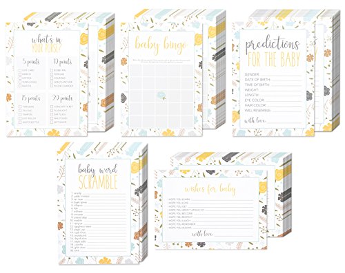 Set of 5 Baby Shower Game Card Packs for Boy or Girl Unisex Gender Neutral for 50 Guest Supplies – Including Bingo, Word Scramble, and Well Wishes – 50 Sheets Each Activity – 5 x 7 Inches