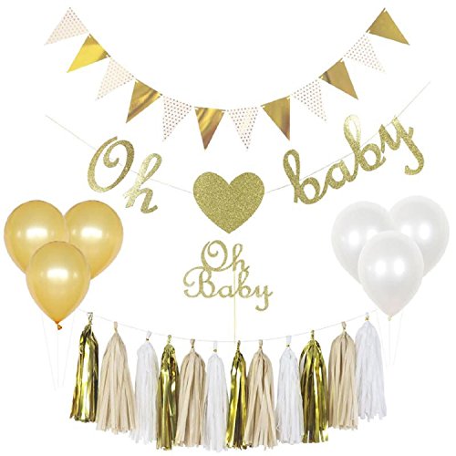 Baby Shower Decorations Gender Neutral Kit Set, Boy or Girl, Unisex, Gender Reveal Party Supplies, Oh Baby Cake Topper, Oh Baby Banner, Gold Glittery font ,Tassels, pregnancy announcement, FREE eBook