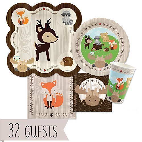 Big Dot of Happiness Woodland Creatures – Baby Shower or Birthday Party Tableware Plates, Cups, Napkins – Bundle for 32