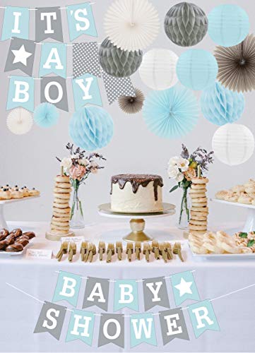 RainMeadow Premium Baby Shower Decorations for Boys Kit | It’s A BOY | Garland Bunting Banner, Paper Lanterns, Honeycomb Balls | Tissue Paper Fans | Blue Grey White | Elephant Style