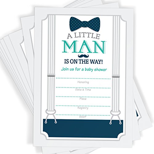 Little Man Themed Baby Shower Invitations | Bow Tie, Mustache, and Suspenders! | 25 Invitations with Envelopes