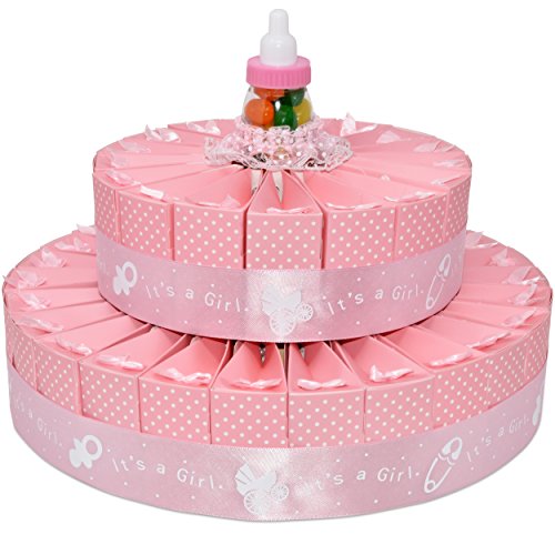 2 Tier Baby Shower Favor Bags Cake Kit Includes 50 Favor Boxes Pink Girl Baby Shower Party Crafts Supplies Decorations Table Centerpieces for Newborn Girls Gender Reveal Games