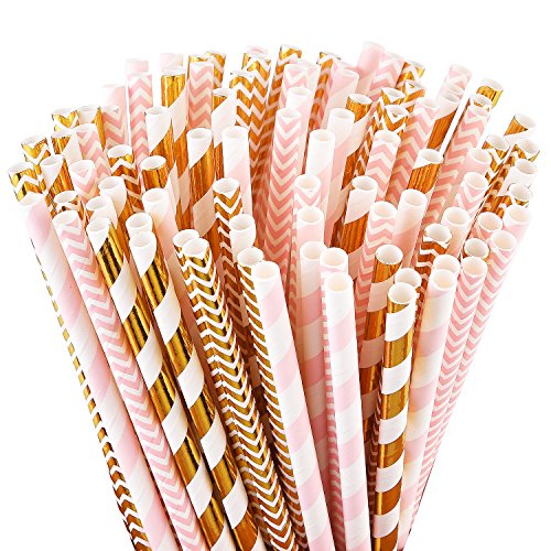 ALINK Biodegradable Paper Straws, 100 Pink Straws/Gold Straws for Party Supplies, Birthday, Wedding, Bridal/Baby Shower Decorations and Holiday Celebrations