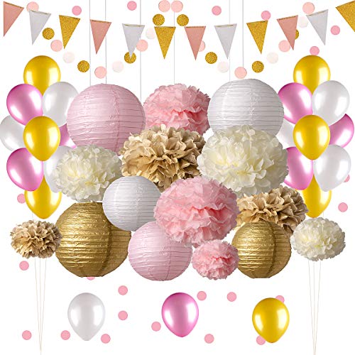 Pink and Gold Party Decorations, 50 pc Pink Party Supplies, Paper Pom Poms, Paper Lanterns, Glitter Garlands, Balloons, Confetti- Birthday Party – Princess Party – Ballerina Party – Bachelorette Party