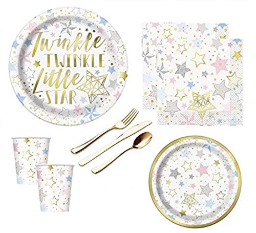 Gender Neutral Baby Shower Birthday Party Supplies Twinkle Twinkle Little Star Large And Small Plates, Napkins, Cups And Premium Quality Gold Shiny Plasticware Serves 16 Guests