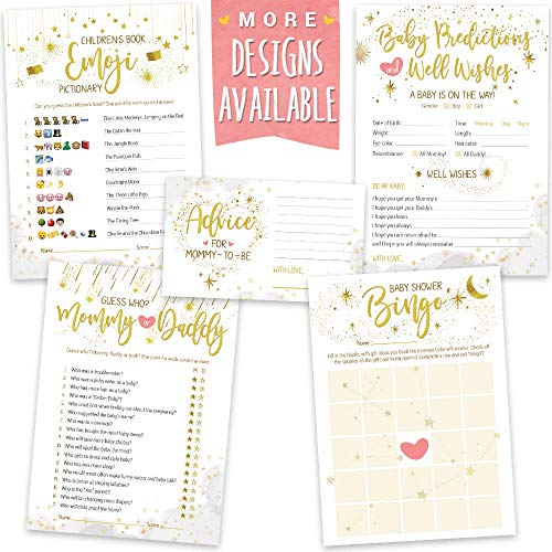 Baby Shower Games | Gender Neutral | Pack of 5 Activities for 50 Guests, 250 Sheets Total | Baby Predictions and Well Wishes, Baby Shower Bingo, Emoji Pictionary, Advice, and Guess Who Games