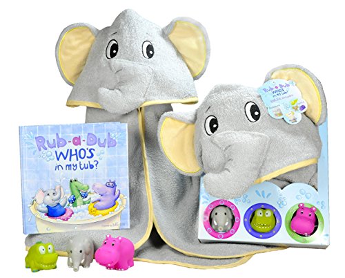 Baby Gift Set- Rub A Dub, Who’s in My Tub? 5 Piece Bath Set Includes Elephant Hooded Towel, 3 Jungle Safari Squirt Toys, and Book. Adorable Baby Shower Gifts for Boys and Girls!